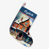 クリスマスレッドブリックビクトリアンホームフォーザホリデー スモールクリスマスストッキング (正面 (吊り時))