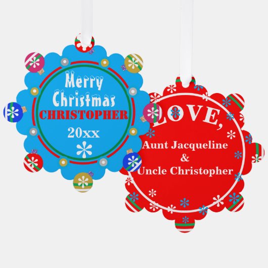 クリスマスレッドブルーピンク金ゴールド雪片名 オーナメントカード (正面/裏面)