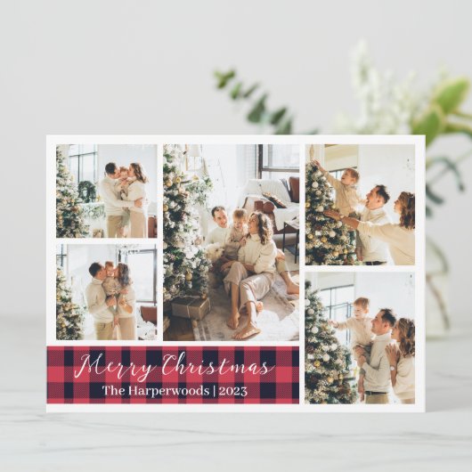 クリスマスレッドプレイドトナカイ家族の写真コラージュ シーズンカード (スタンド正面)