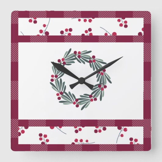 クリスマスレッドプレイドリースフェスティバルホリデー スクエア壁時計 (正面)