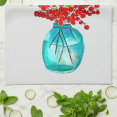 クリスマスレッドベリーの水彩画 キッチンタオル (折り畳み)