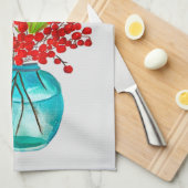 クリスマスレッドベリーの水彩画 キッチンタオル (四つ折り)