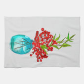 クリスマスレッドベリーの水彩画 キッチンタオル (横)