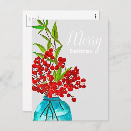 クリスマスレッドベリーの水彩画 シーズンポストカード (正面/裏面)