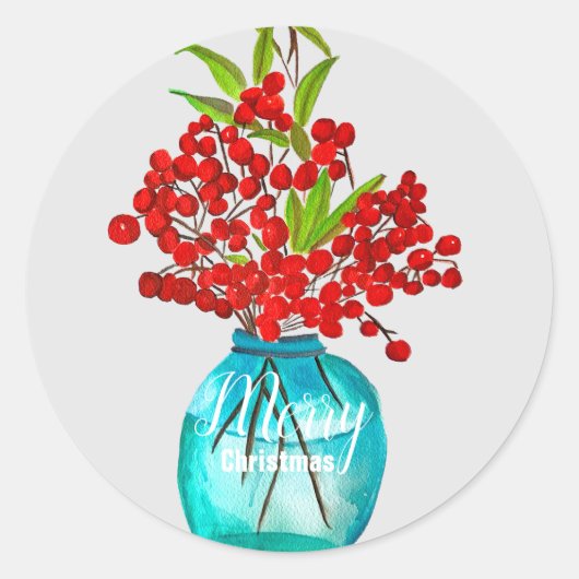 クリスマスレッドベリーの水彩画 ラウンドシール (正面)