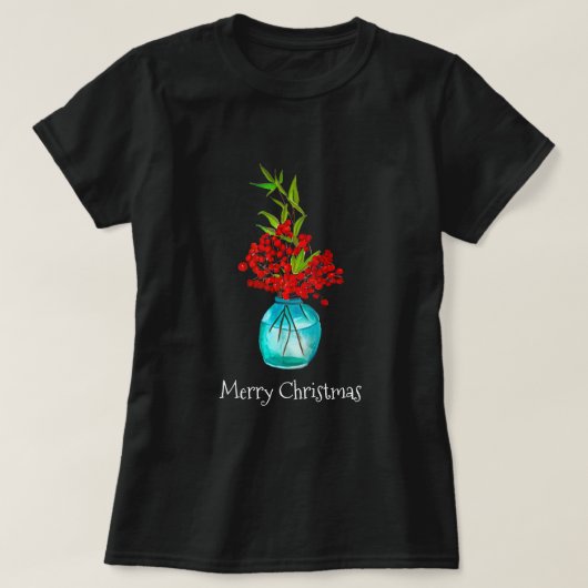 クリスマスレッドベリーの水彩画 Tシャツ (デザイン正面)