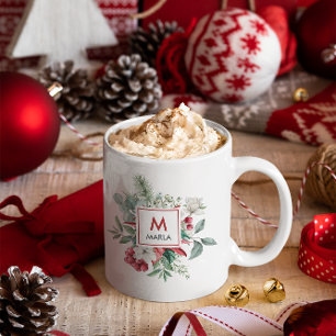 クリスマスレッドベリーグリーンブーケモノグラム コーヒーマグカップ
