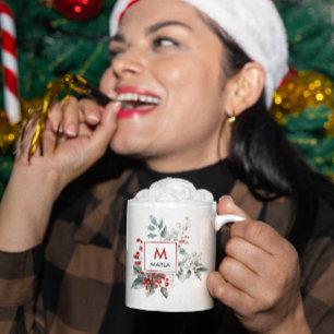 クリスマスレッドベリーグリーンリーモノグラム コーヒーマグカップ