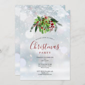 クリスマスレッドベリーススノーフレークスホリデーパーティー 招待状 (正面/裏面)