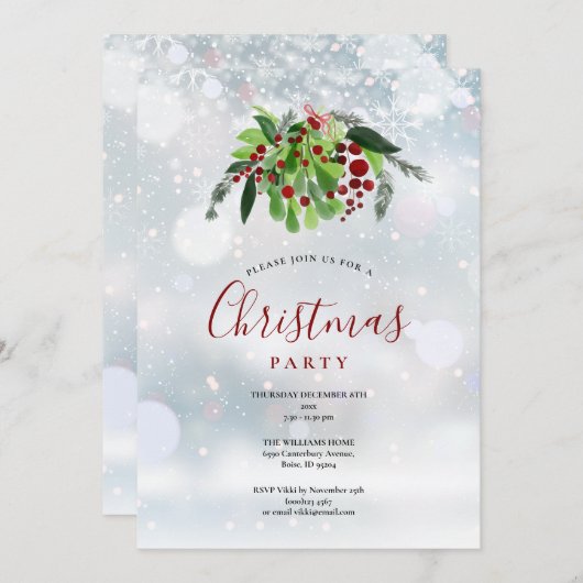 クリスマスレッドベリーススノーフレークスホリデーパーティー 招待状 (正面/裏面)