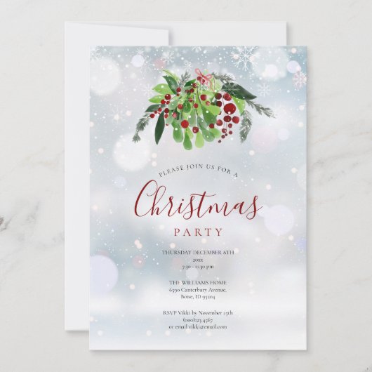クリスマスレッドベリーススノーフレークスホリデーパーティー 招待状 (正面)