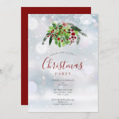 クリスマスレッドベリーススノーフレークスホリデーパーティー 招待状 (正面/裏面)