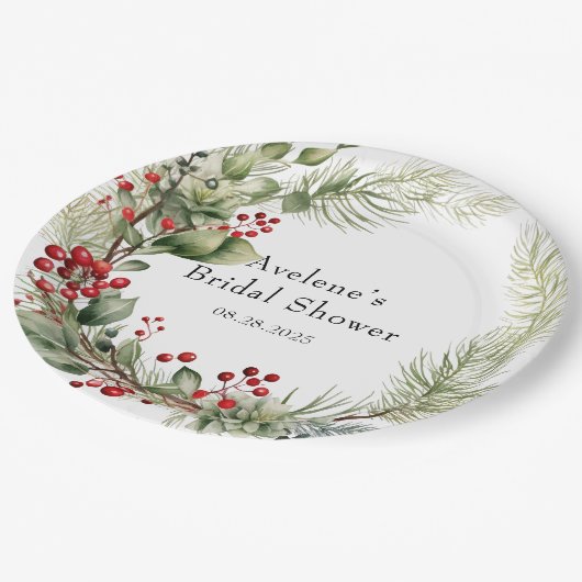 クリスマスレッドベリーズパインリースブライダルシャワー ペーパープレート (アングル)