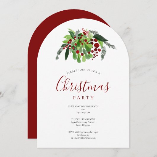 クリスマスレッドベリーズホリデーパーティーアーチ 招待状 (正面/裏面)