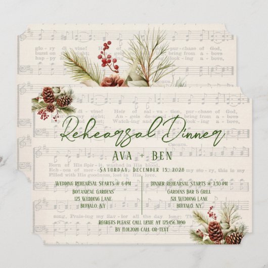 クリスマスレッドベリーパインコーンリハーサルディナー 招待状 (正面/裏面)