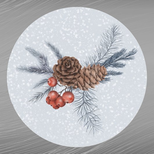クリスマスレッドベリーパインコーン水色 ラウンドシール