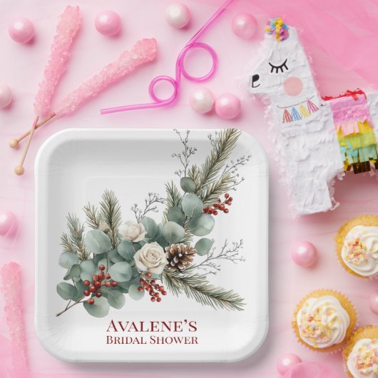 クリスマスレッドベリーホワイトローズブライダルシャワー ペーパープレート (パーティー)