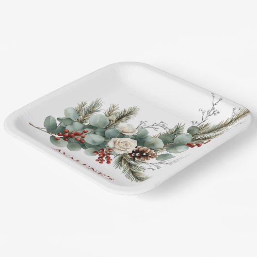 クリスマスレッドベリーホワイトローズブライダルシャワー ペーパープレート (傾斜あり)