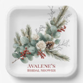 クリスマスレッドベリーホワイトローズブライダルシャワー ペーパープレート (正面)
