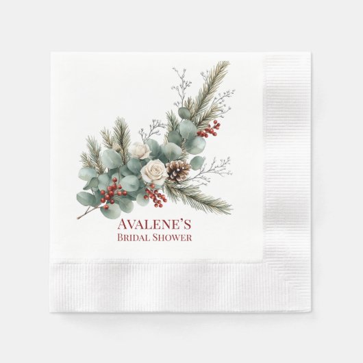 クリスマスレッドベリーホワイトローズブライダルシャワー 縁ありカクテルナプキン (正面)
