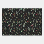 クリスマスレッドベリーボタニカルウォーターカラーブラック ラッピングペーパーシート (正面2)