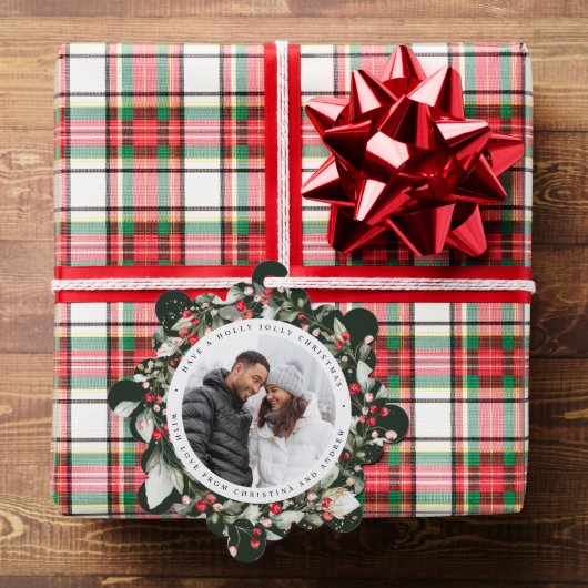 クリスマスレッドベリーリースフローラフォトスクエア オーナメントカード (インサイチュ (ギフト))
