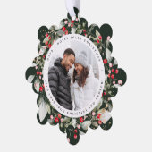 クリスマスレッドベリーリースフローラフォトスクエア オーナメントカード (左)