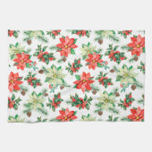 クリスマスレッドベリー深紅色ポインセチア模様 キッチンタオル (横)