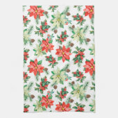 クリスマスレッドベリー深紅色ポインセチア模様 キッチンタオル (縦)