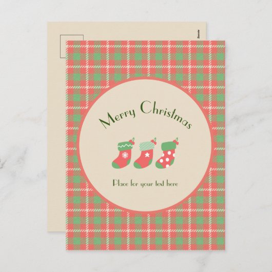 クリスマスレッドベースのプレイド シーズンポストカード (正面/裏面)