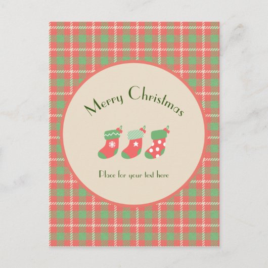 クリスマスレッドベースのプレイド シーズンポストカード (正面)