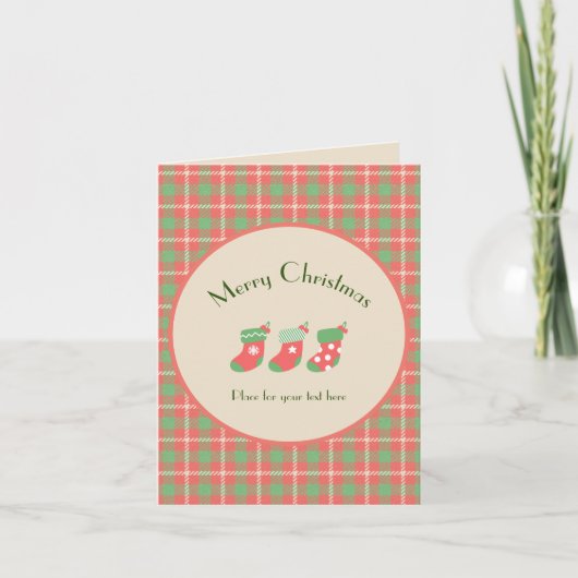 クリスマスレッドベースの格子模様の折り畳みホリデーカード シーズンカード (正面)