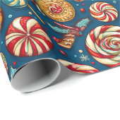 クリスマスレッドホワイトキャンディ棒つきキャンデーブルー ラッピングペーパー (ロールコーナー)