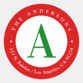 クリスマスレッドホワイトグリーンモノグラム差出人住所 ラウンドシール (正面)