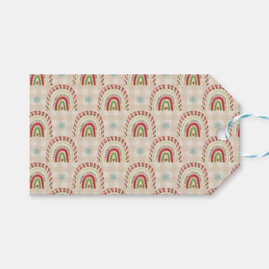 クリスマスレッドホワイトグリーンレインボーズ&スノーフレーク ギフトタグ (正面(横))