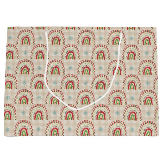 クリスマスレッドホワイトグリーンレインボーズ&スノーフレーク ラージペーパーバッグ (正面)