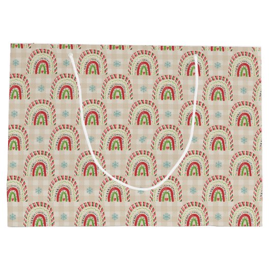 クリスマスレッドホワイトグリーンレインボーズ&スノーフレーク ラージペーパーバッグ (裏面)