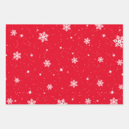 クリスマスレッドホワイトスターズ雪片パターン ラッピングペーパーシート
