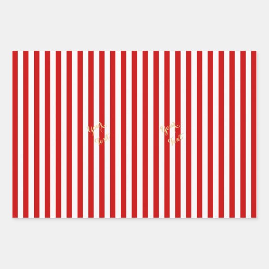 クリスマスレッドホワイトストライプ金ゴールド文字ホリデークリスマス ラッピングペーパーシート (正面3)