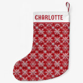 クリスマスレッドホワイトスノーフレークパーソナライズされたの名前 スモールクリスマスストッキング (裏面)