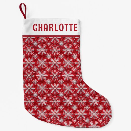 クリスマスレッドホワイトスノーフレークパーソナライズされたの名前 スモールクリスマスストッキング (正面)