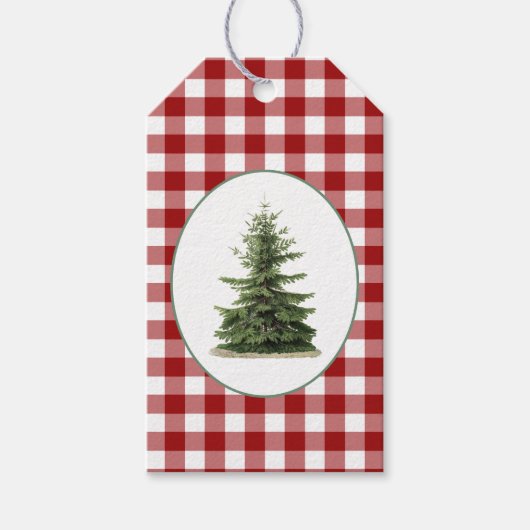 クリスマスレッドホワイトチェック格子状ヴィンテージツリー ギフトタグ (正面)
