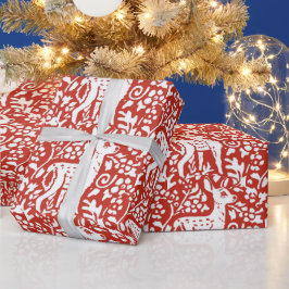 クリスマスレッドホワイトトナカイ子鹿の森の冬 ラッピングペーパー