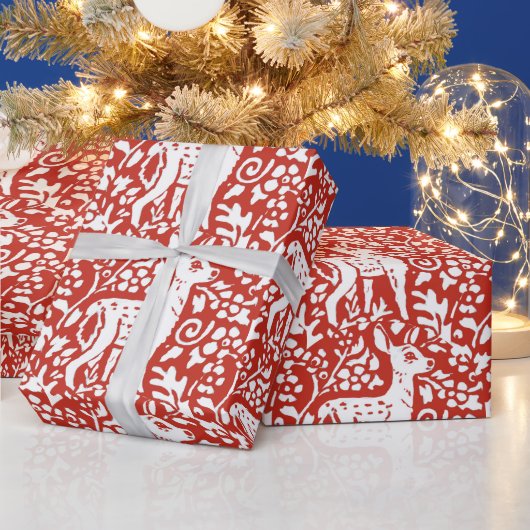クリスマスレッドホワイトトナカイ子鹿の森の冬 ラッピングペーパー (クリスマス)