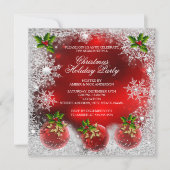 クリスマスレッドホーリーバウブルホリデーパーティースノーフレーク 招待状 (正面)