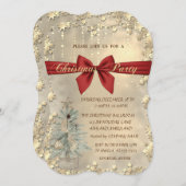 クリスマスレッドボウ、水彩松の木、金ゴールド星 招待状 (正面/裏面)