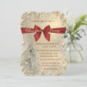 クリスマスレッドボウ、水彩松の木、金ゴールド星 招待状 (スタンド正面)