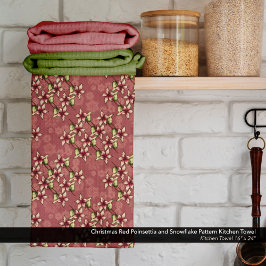 クリスマスレッドポインセチアとスノーフレークパターン キッチンタオル