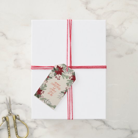 クリスマスレッドポインセチアとホリーベリー ギフトタグ (より糸付き)