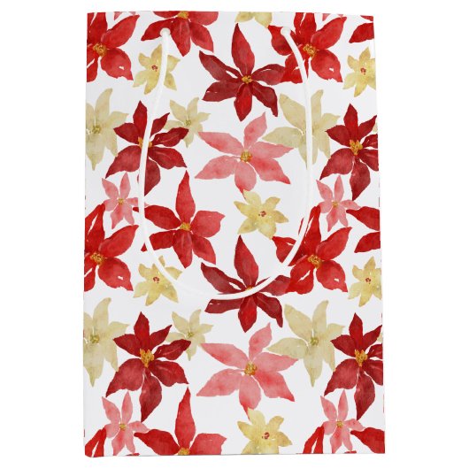 クリスマスレッドポインセチアフローラホリデーパターン ミディアムペーパーバッグ (正面)